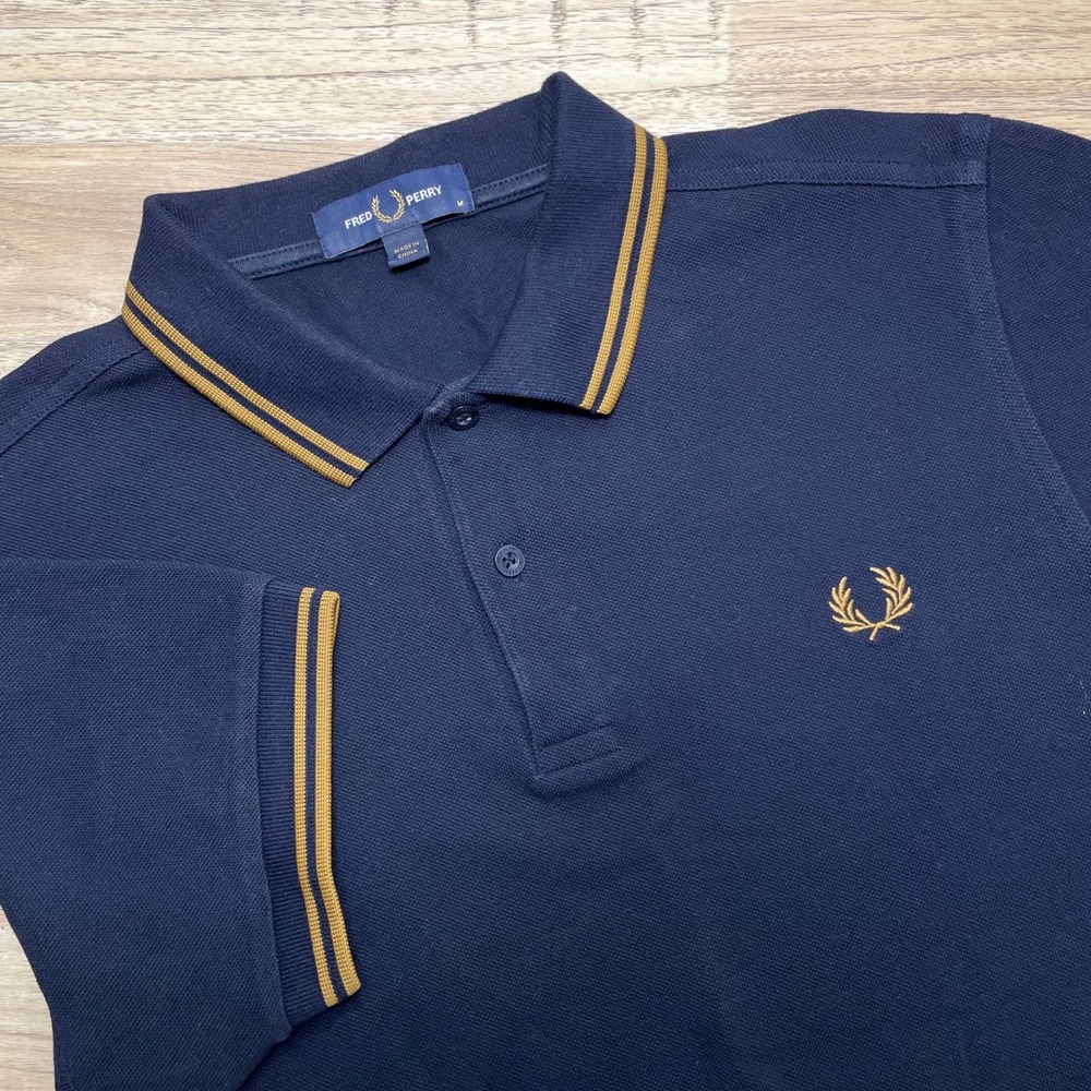 Fred Perry Mens M3600 Twin Tipped Polo Shirt Navy Blue Gold Size Medium